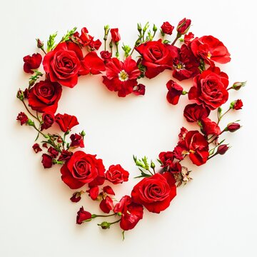 Heart made of red roses on white background. Flat lay, top view
