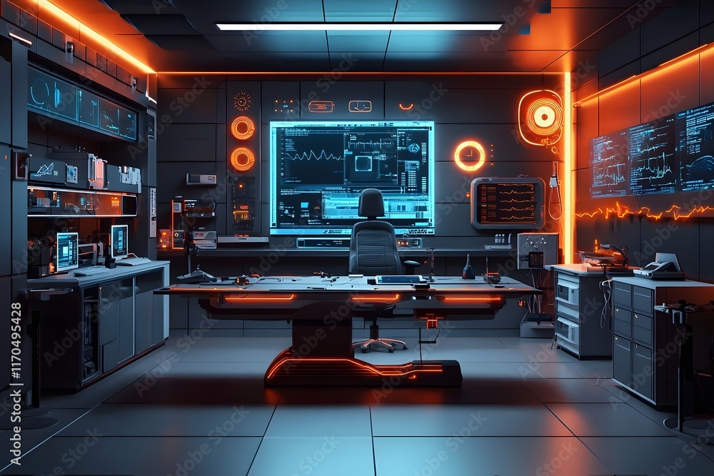 Poster futuristic medical research laboratory featuring an advanced ai powered digital health analytics sys