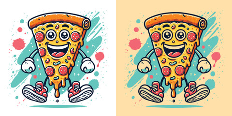 A collection of funny slightly expression cartoon slice of pizza , pizza vector illustration, t-shirt design, funny pizza t-shirt design, 