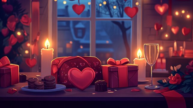 Valentine's Day background with gift box, heart and candles at the winter