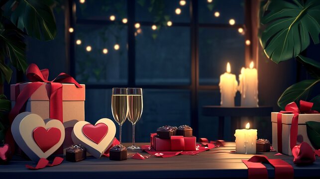 Valentine's Day background with candles, hearts and gift boxes at the night
