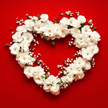 Heart made of white flowers on red background. Flat lay, top view
