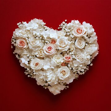 Heart made of white roses on a red background. Flat lay.
