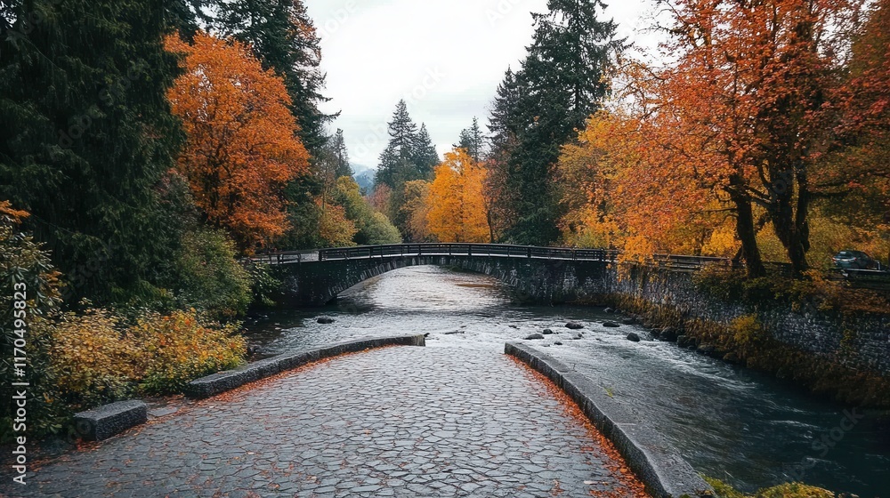 Poster cobblestone bridge over a serene river surrounded by vibrant autumn trees in a peaceful setting