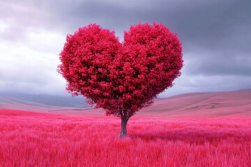 Celebrate love this Valentine with a beautiful heart-shaped tree amidst a vibrant pink field, ideal for romance.
