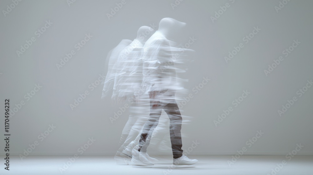 Poster dynamic movement of human figures expressing gestures through fluid body motion and reflection in mi