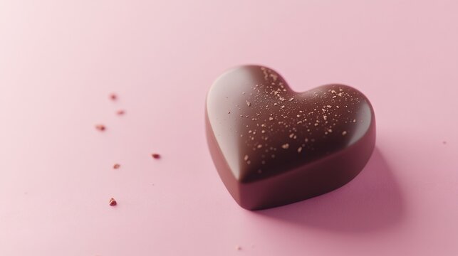 a Chocolate candy in the shape of a heart on a pink background
