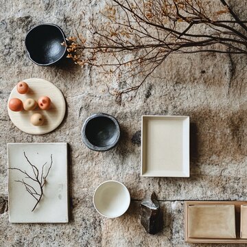 Flat-lay and Still Life, Ceramic tableware and ceramic plates on a stone wall background