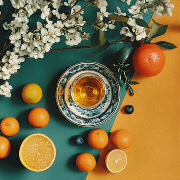 Flat-lay and Still Life, Cup of tea with oranges and flowers on green and orange background, top view
