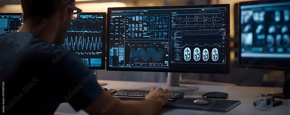 Aufkleber futuristic healthcare system analyzes patient data and medical research through a bright glowing hol
