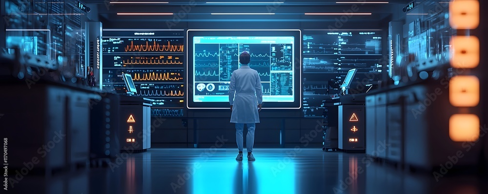 Poster cutting edge futuristic healthcare system analyzing patient data on a glowing holographic interface 