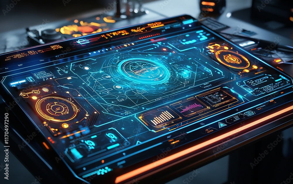 Poster futuristic holographic display showing data analysis.