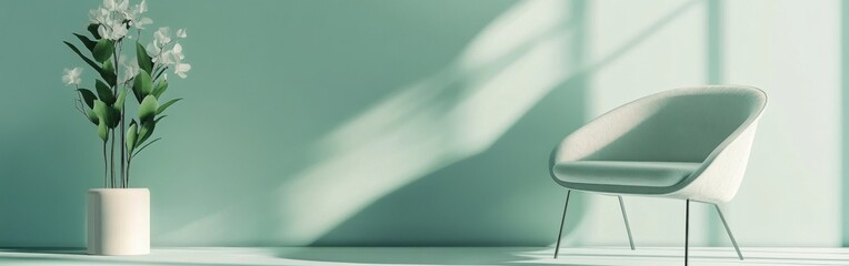 Minimalist monochrome design featuring a mint wall, contemporary chair, and potted plant in a serene interior space