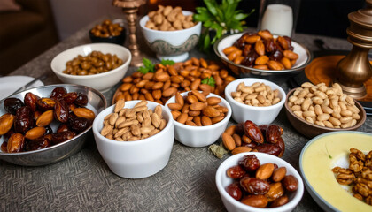Obraz premium Assorted dates, Nuts, and Ramadan sweets on a table for Iftar, Eid festive