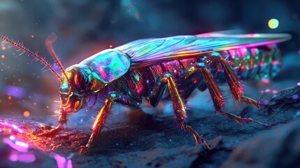 Iridescent cockroach with vibrant colors on dark background.