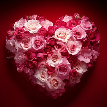 Heart made of white flowers on red background. Flat lay, top view
