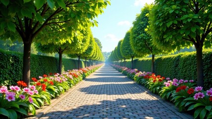 Serene Garden Path with Lush Greenery and Vibrant Blossoms