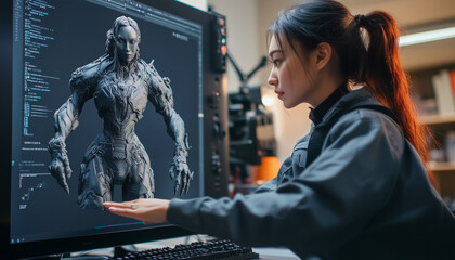 female game developer working on new character of a video game