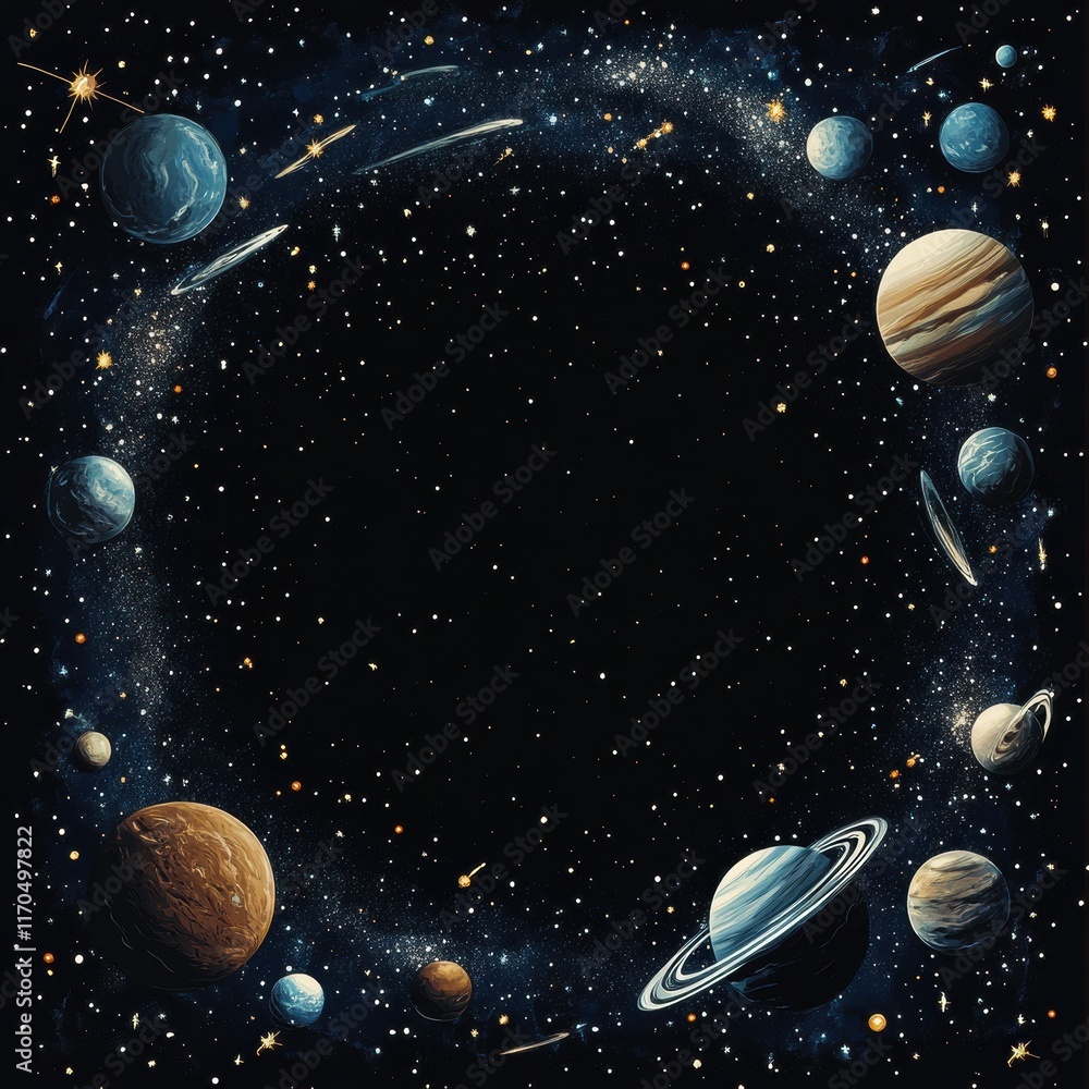 Poster cosmic journey through the universe featuring planets and stars in a captivating space-themed illust