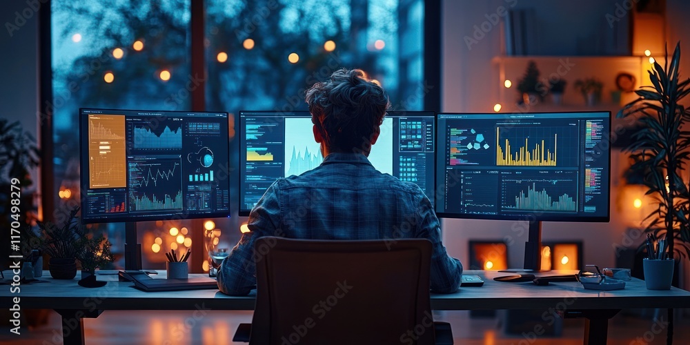 Poster digital artist working in modern office with multiple monitors for creative graphic application and 