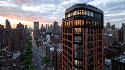Fototapeta premium Sunset urban view of modern building new york city architecture photography vibrant atmosphere aerial perspective cityscape concept