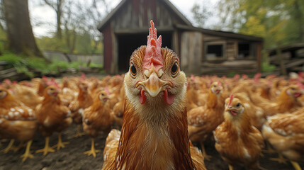 Chickens in farm setting with rustic barn in background