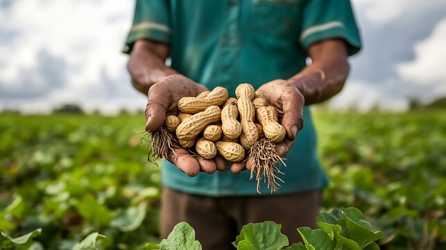 Farmer holding a handful of peanuts in his hands on the field