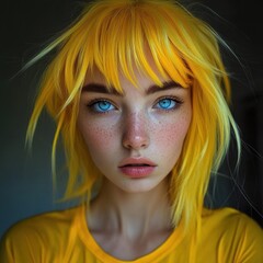 Fototapeta premium A young woman with striking yellow hair and bright blue eyes poses indoors. Her smooth skin and subtle freckles enhance her unique appearance, showcasing a captivating expression