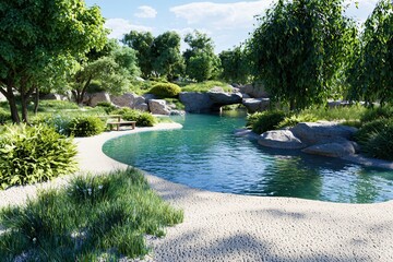 Naklejka premium Serene Natural Landscape with Calm Water and Lush Green Foliage in Bright Daylight