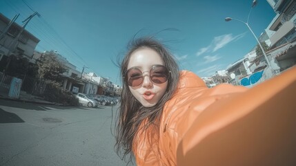 A young woman stands on a street under clear blue skies, wearing an orange jacket and sunglasses, playfully posing for a selfie with a vibrant city backdrop