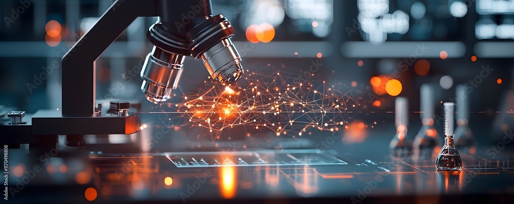 Poster futuristic glowing lab environment showcasing advanced 3d molecular structure analysis tools and tec