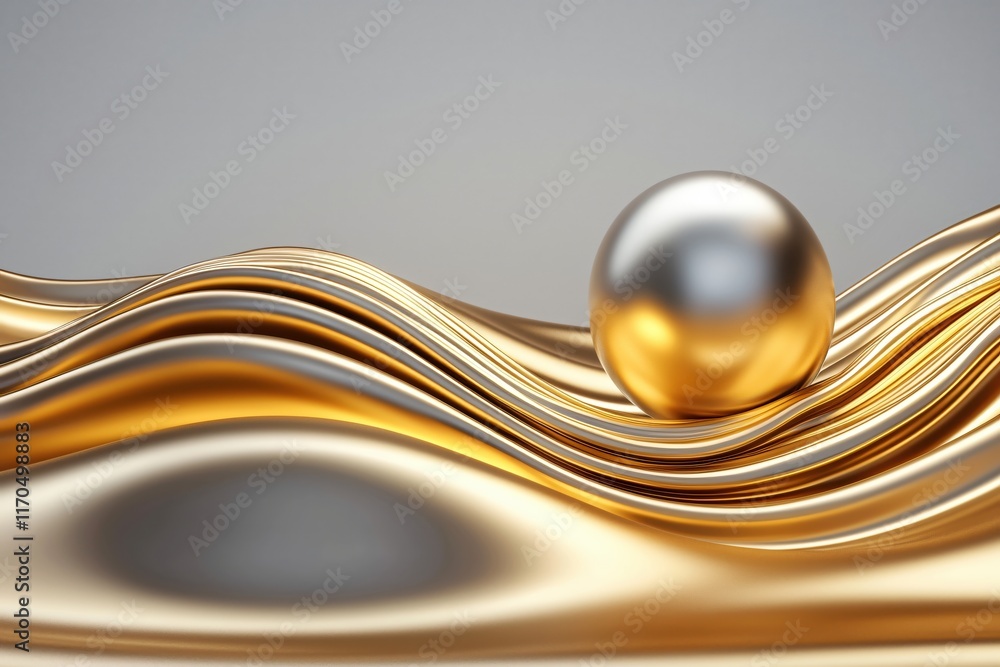 Aufkleber glimmering silver sphere on flowing gold fabric with elegant curves and soft light reflection