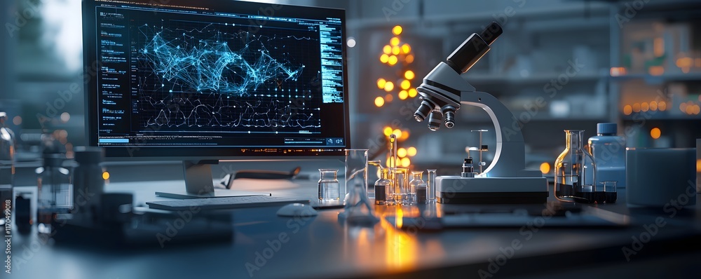 Aufkleber futuristic glowing lab environment with advanced 3d molecular structures analysis tools for innovati