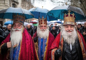 Fototapeta premium Men dressed in vibrant, ceremonial costumes walk together under umbrellas during a lively festival, set in a bustling city atmosphere with a crowd gathered nearby