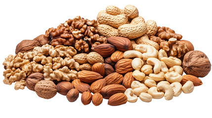 Obraz premium Assorted nuts including walnuts hazelnuts pecan on white background. 