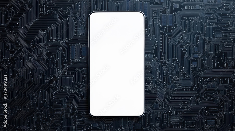 Poster modern smartphone on a dark circuit board background with a blank screen, ideal for tech and design 