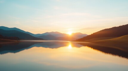Obraz premium Breathtaking Sunrise Over Serene Mountain Lake with Reflections and Soft Light