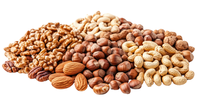 Assorted nuts including walnuts hazelnuts pecan on white background. 