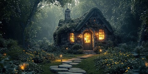 Enchanted Cottage in a Lush Forest with Twilight Glow and Dancing Shadows