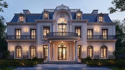 Obraz premium Luxury Home Front Radiates Warmth and Elegance During Dusk