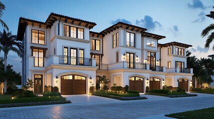 Luxury Home Front Radiates Warmth and Elegance During Dusk