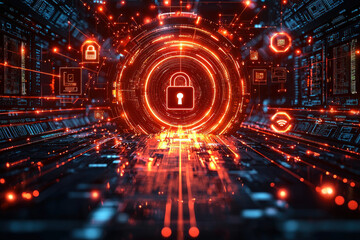 Fototapeta premium Futuristic digital padlock in cyberspace tunnel.