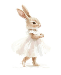 Obraz premium Cute bunny in a white dress walking gracefully, showcasing charm and innocence in a whimsical setting