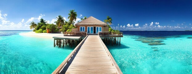 Fototapeta premium Overwater Bungalow on Tropical Island Panoramic View, Wooden Dock, Turquoise Waters, Palm Trees, Paradise, Beach House Tropical Island, Maldives