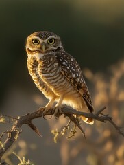 owl perched on a tree branch in the countryside.