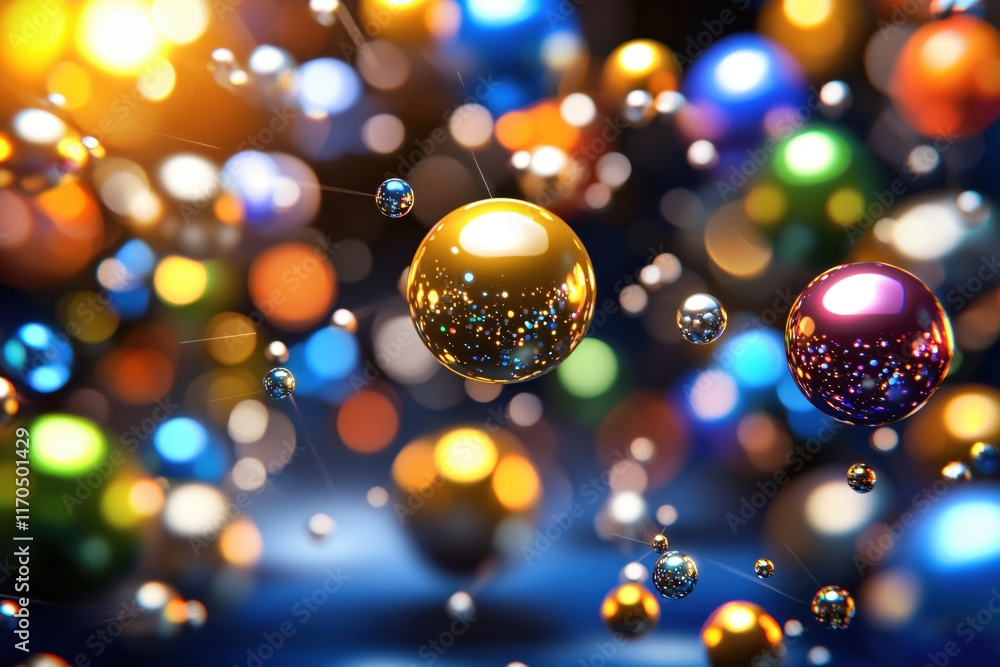 Aufkleber Colorful Abstract Background with Floating Shiny Spheres in Vibrant Light and Soft Bokeh Effects