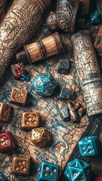 Unique collection of gaming dice and rolled maps on a wooden surface showcasing adventure and exploration themes