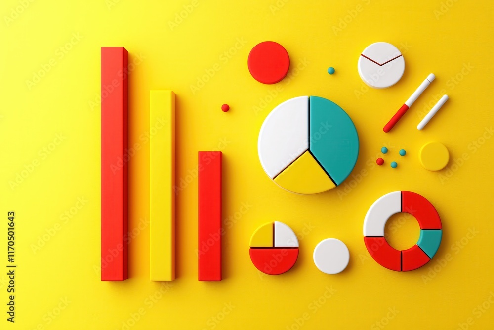 Aufkleber colorful 3d charts and graphs on bright yellow background for business and finance concepts