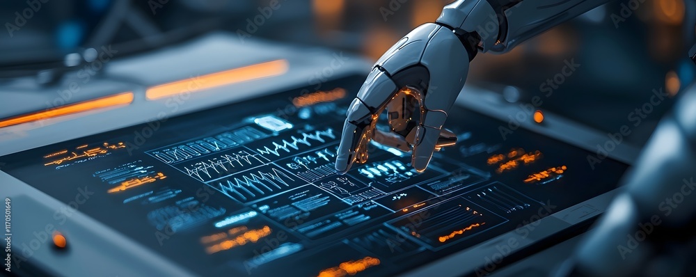 Poster futuristic robot utilizing advanced holographic interface to analyze and interact with cutting edge 