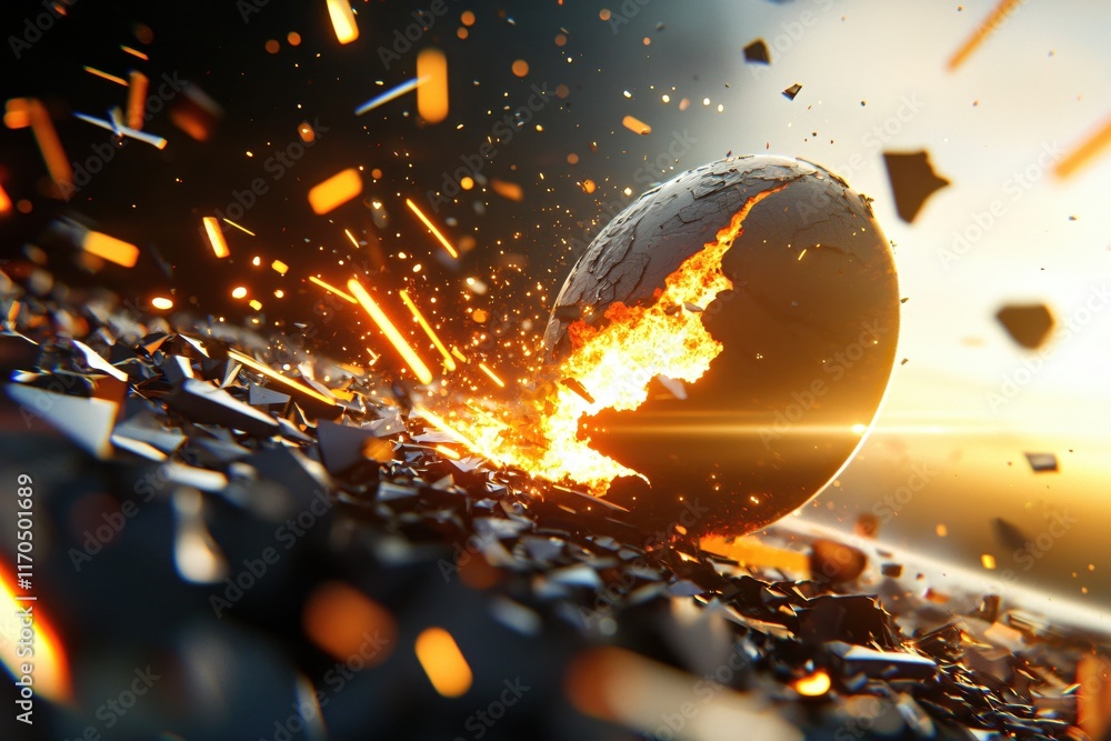 Aufkleber exploding egg with fiery interior in abstract landscape of fragments and light effects